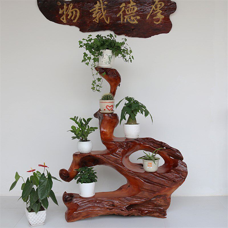 根雕精品花架 木雕盆景架摆件 红椿木整体 自然博古架 客厅家俱