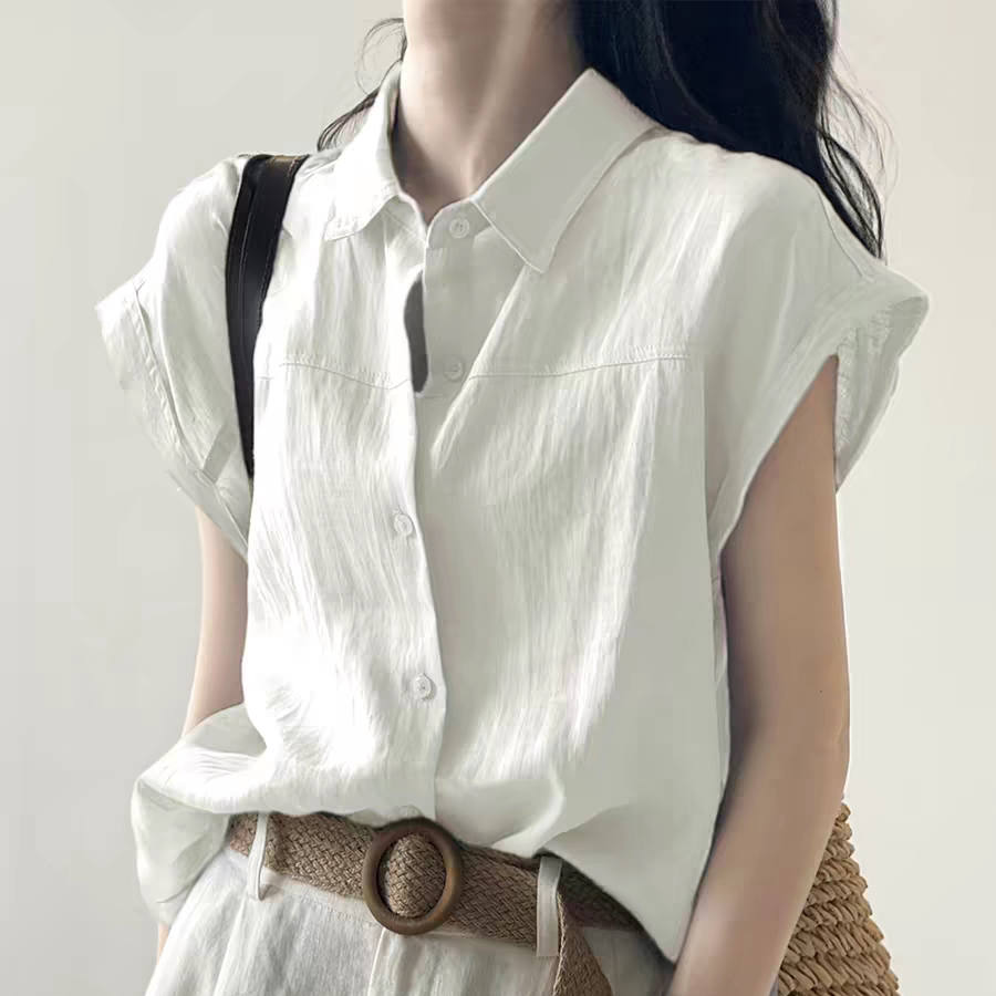 高级感蓝色亚麻衬衫女夏季2026新款韩系老钱风宽松慵懒小飞袖上衣