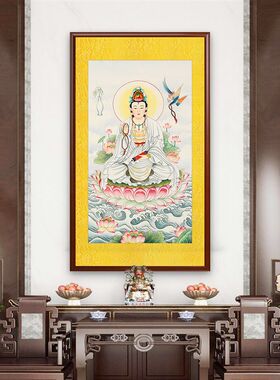 纯手绘工笔画白衣观音坐莲观世音菩萨画像佛像童子挂画卷轴挂轴