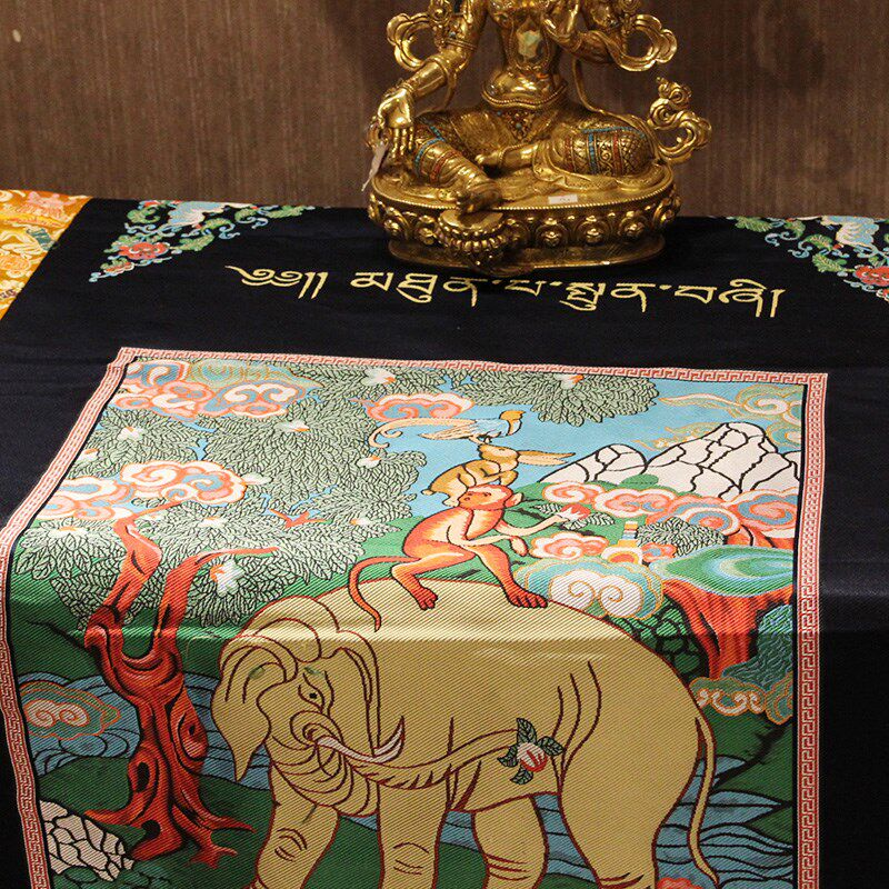 藏布藏式布艺居家优质布料手工制作桌布蓝色桌围桌旗吉祥四瑞图