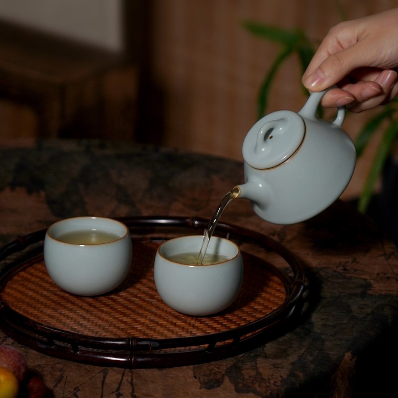 汝窑茶壶套装景德镇陶瓷一壶二杯复古汝瓷手工茶具石瓢青玉礼盒装