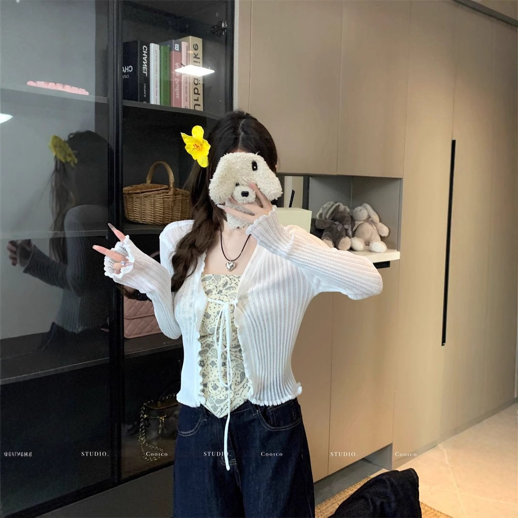 韩系甜美风木耳边拼接针织开衫女秋季新款上衣