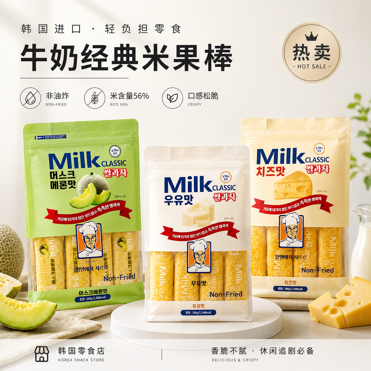 韩国oliveyoung经典牛奶味米饼哈密瓜味芝士味香蕉味零食milk饼干
