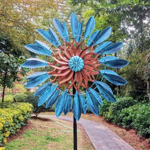出口户外铁艺风车花园装饰迎风转360度双面旋转落地风车摆件