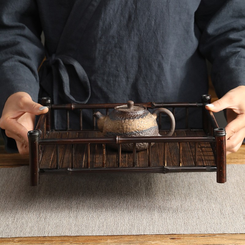 日式紫竹长方形茶盘 大号竹制干泡功夫茶具收纳盘 手工制作