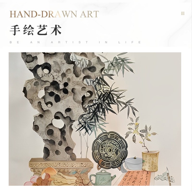 太湖石古风玄关手绘油画客厅新中式禅意装饰国画入户竹子竖版挂画