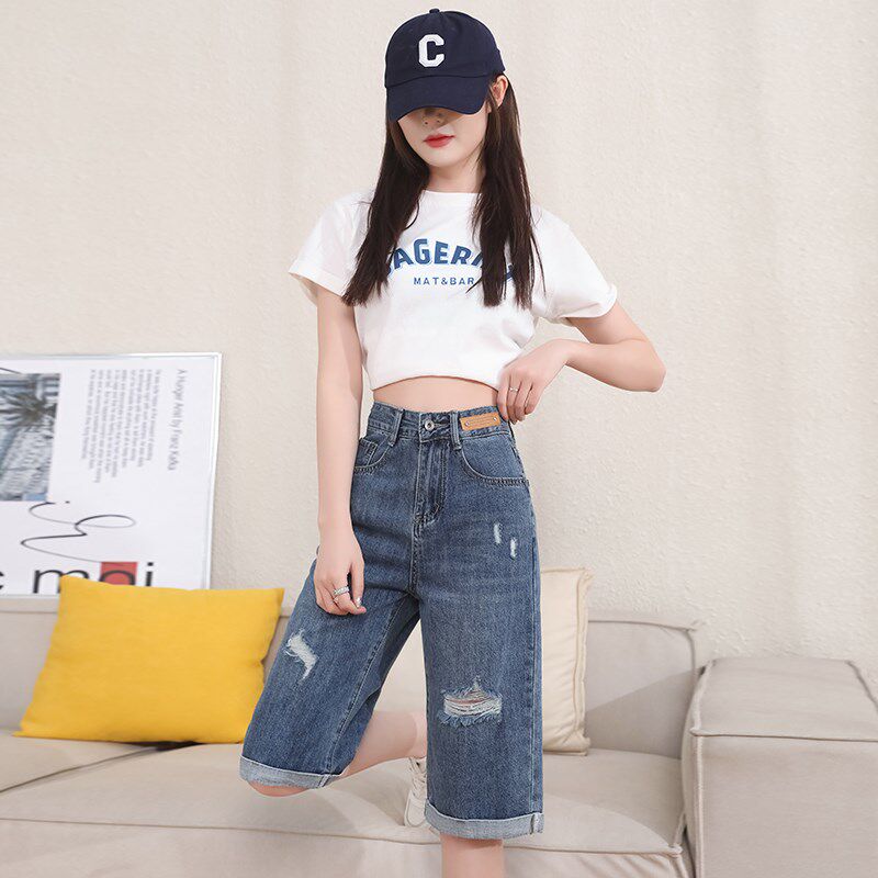 破洞牛仔短裤女2024新款夏显瘦高腰直筒裤遮胯梨形身材女裤六分裤
