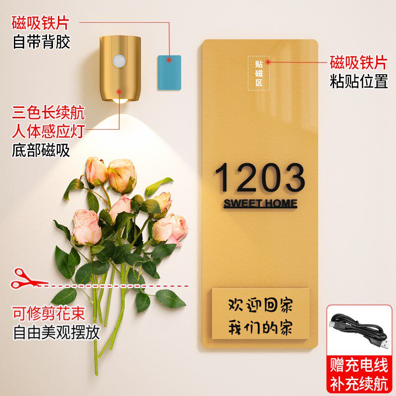 门牌号高级感轻奢创意回家仪式感入户奶油风装饰门挂磁吸感应灯别