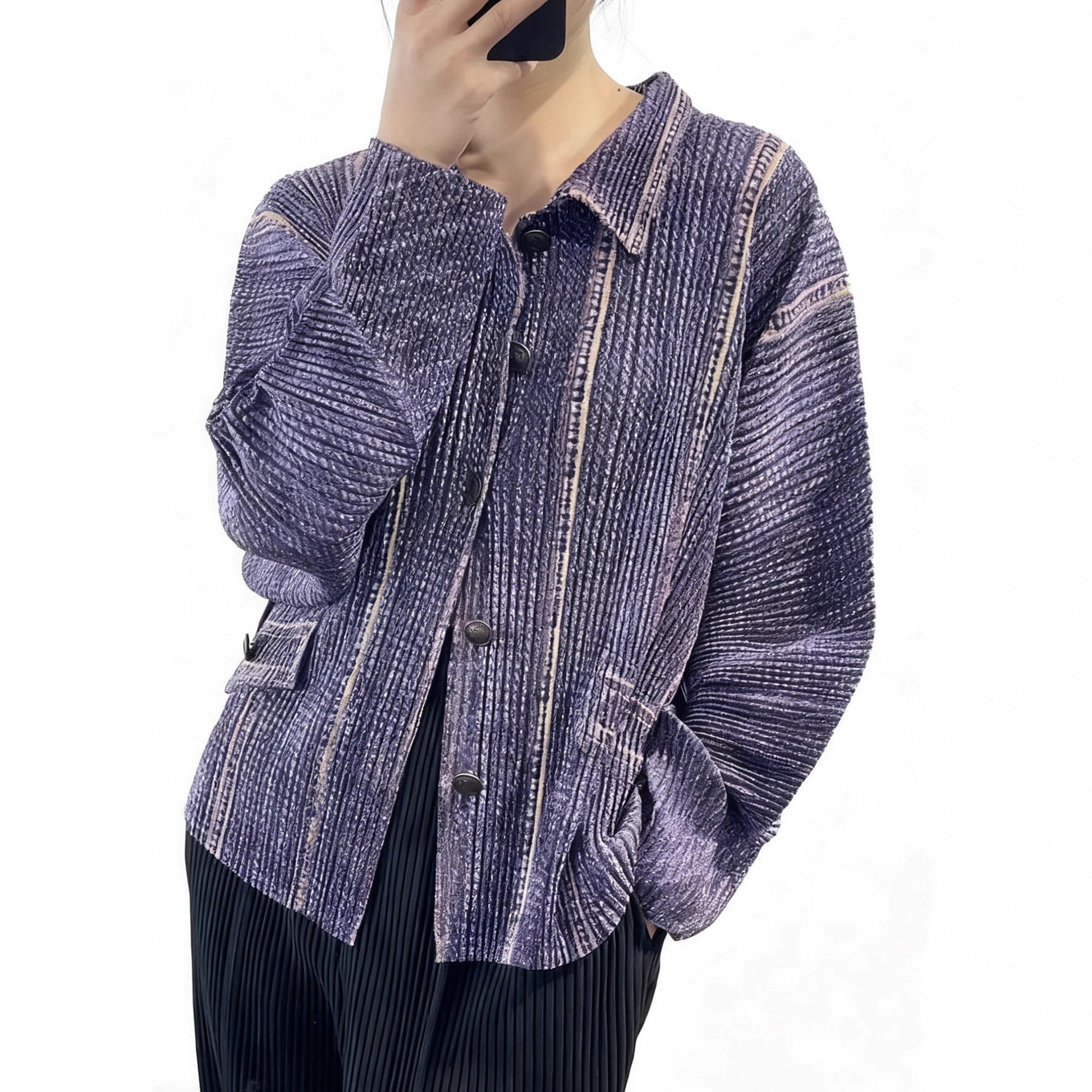 褶皱印花牛仔外套女高级感秋冬季新品厚款宽松大码女装开衫衣百搭