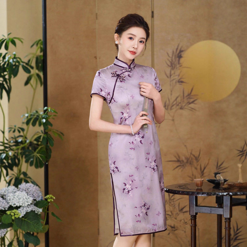 紫色真丝蚕桑旗袍夏新款真丝旗袍改良连衣裙女桑蚕丝