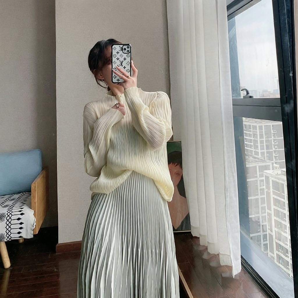 褶皱上衣女春秋纯色九分袖纯色百搭小立领气质打底t恤女小衫