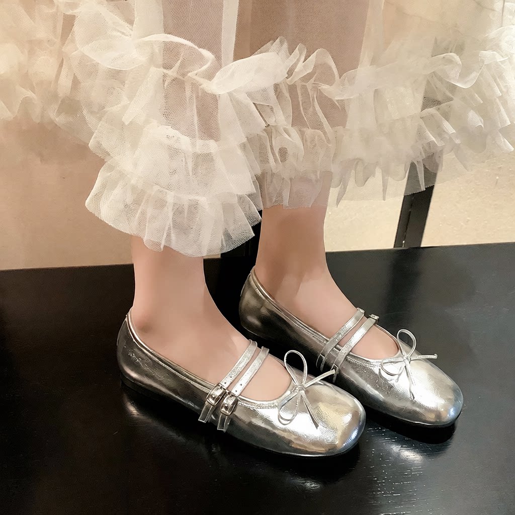 法式仙女风羊漆皮双排扣蝴蝶结玛丽珍鞋平底圆头真皮单鞋女