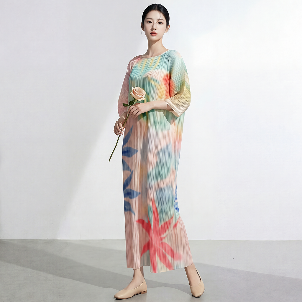 外贸连衣裙女夏长裙高级感宽松大码印花蝙蝠袖气质优雅裙子潮