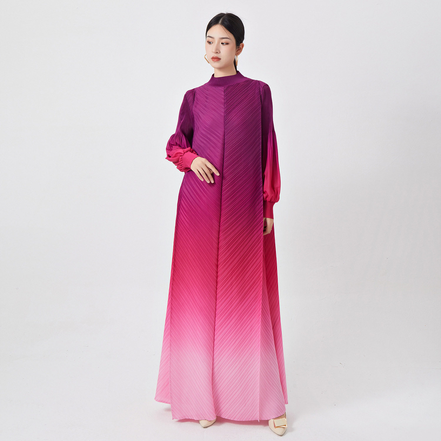 褶皱连衣裙高级感渐变色大码长裙欧美外贸女装跨境优雅气质裙子女
