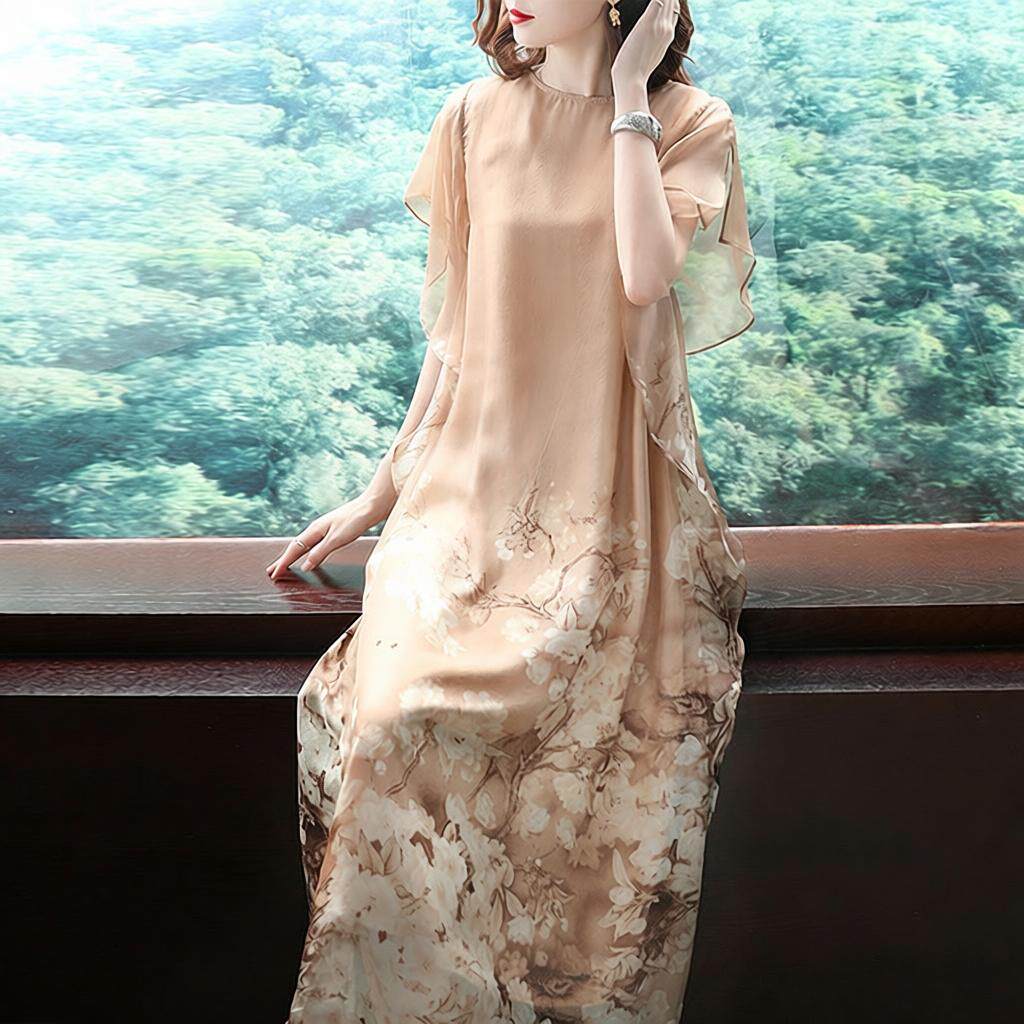 主推款 真丝雪纺印花连衣裙夏季宽松大码 桑蚕丝裙子