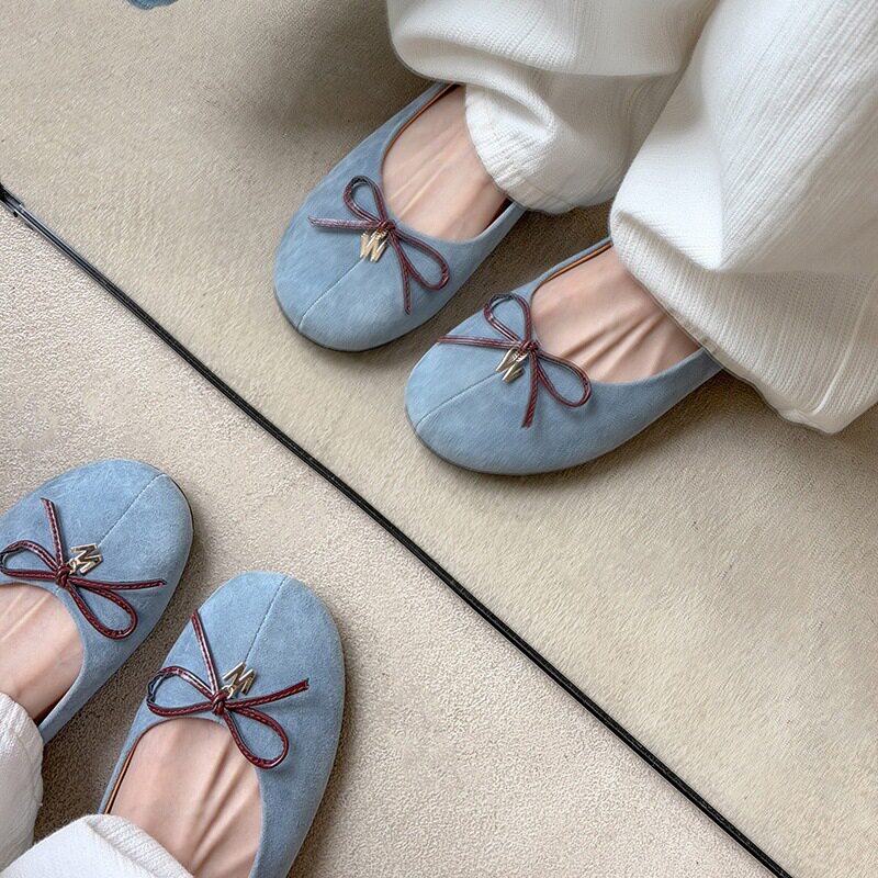 多巴胺糖果色春新款内增高低跟羊反绒面蝴蝶结真皮浅口单鞋女