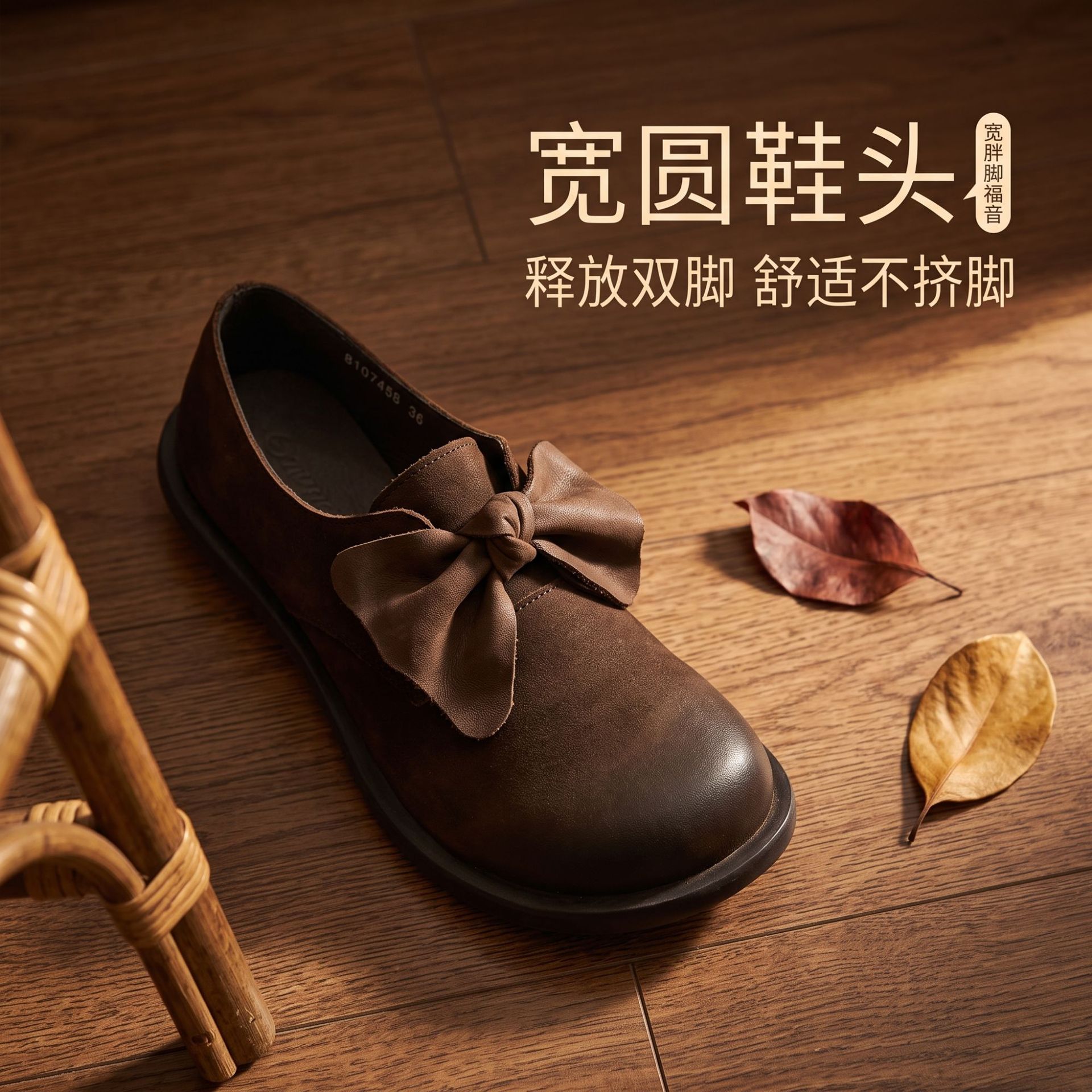 头层牛皮真皮女鞋秋季新款休闲圆头蝴蝶结系带坡跟单鞋女可