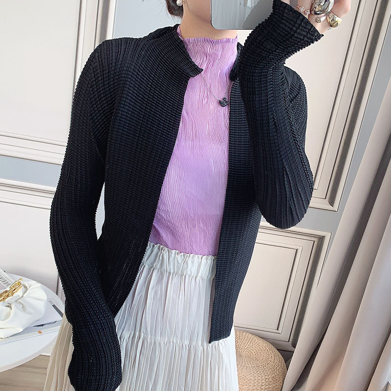 设计感褶皱外套女短款黑色百搭春季针织开衫上衣薄款外搭