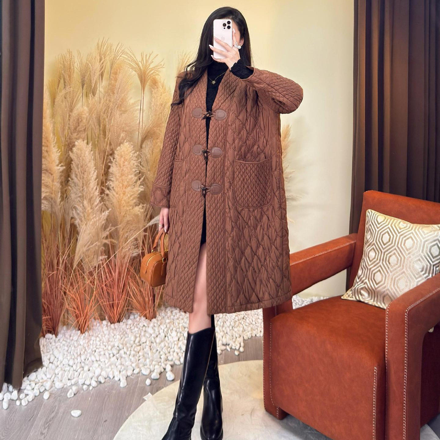 冬季棉服女新款加厚保暖宽松时尚气质中长款褶皱外套棉衣棉袄