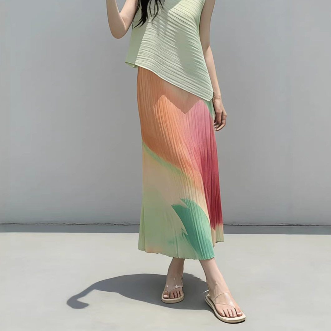 彩虹半身裙女高级感宽松显瘦时尚渐变设计感创意褶皱气质裙子