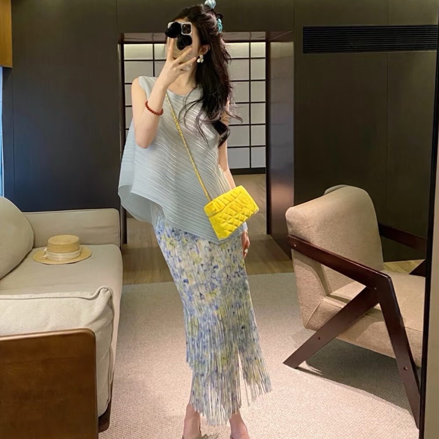 爆款套装女装小个子梨形穿搭气质显瘦无袖流苏半身裙两件套夏