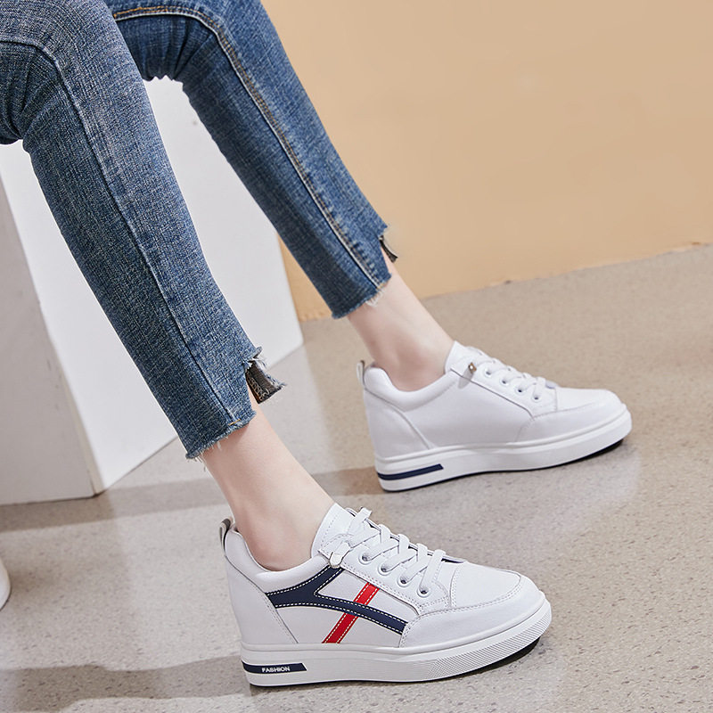 春季新品真皮小白鞋女 韩版内增高系带休闲拼色女学生鞋子