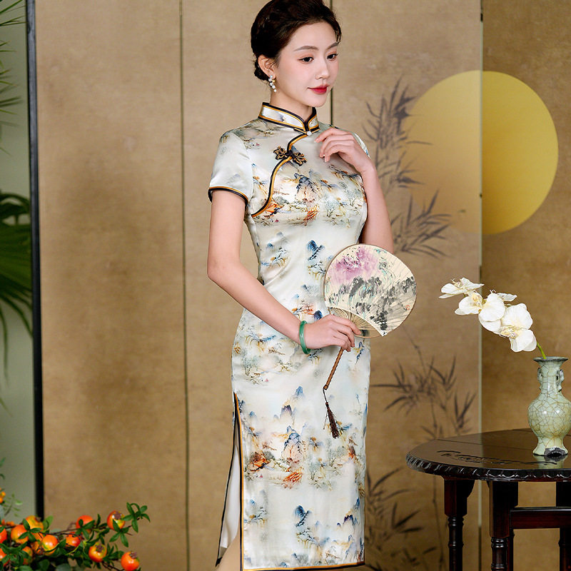 千里江山图夏新款真丝旗袍改良连衣裙女桑蚕丝矮小个子短