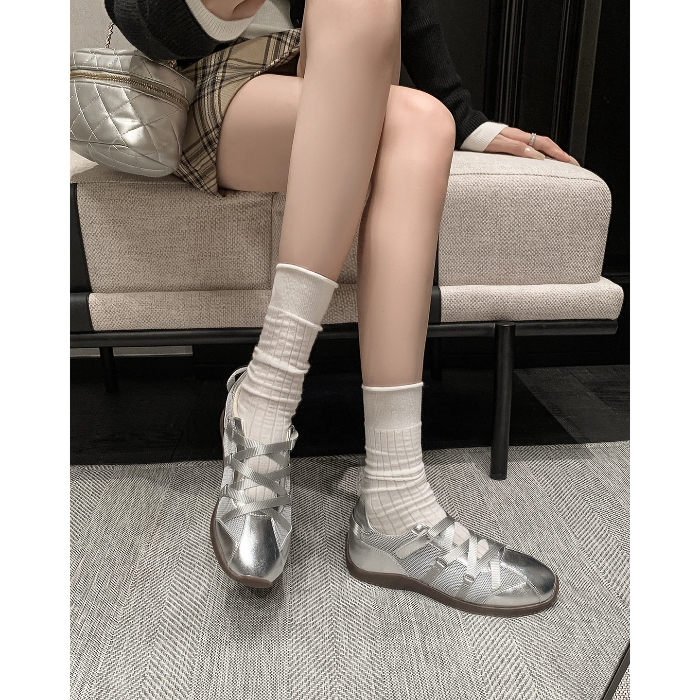 洋气少女风运动玛丽珍秋网布拼接低跟真皮魔术贴休闲单鞋女