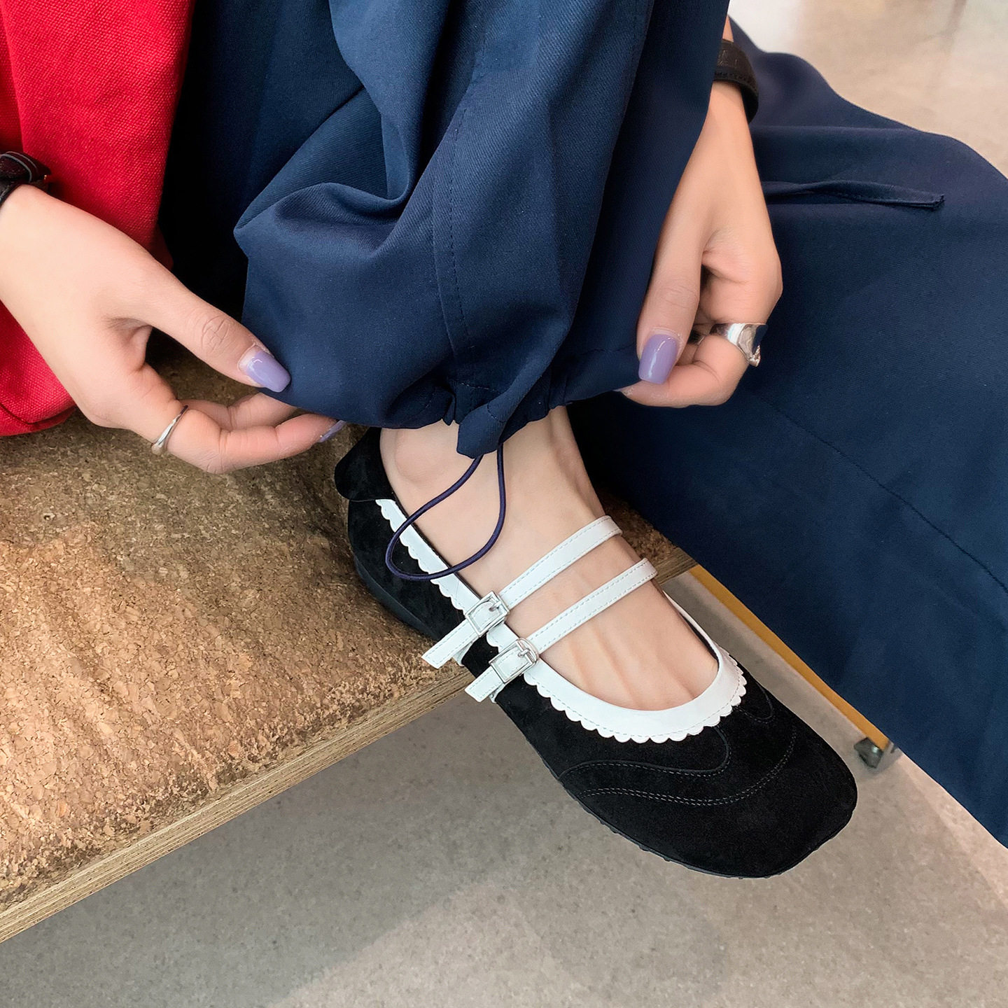 法式复古双排扣方头拼色玛丽珍鞋春季牛反绒面平底真皮单鞋女