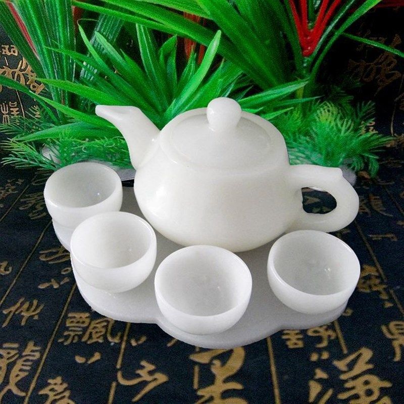 天然阿富汗青白玉把把胡茶壶小摆件玉石玩件手把件茶具茶壶装饰品