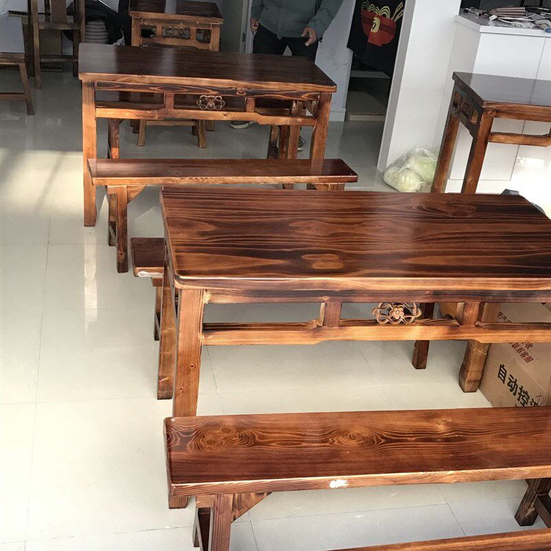 碳化实木饭店餐桌椅组合快餐店小吃餐厅餐馆烧烤面馆排档食堂桌椅