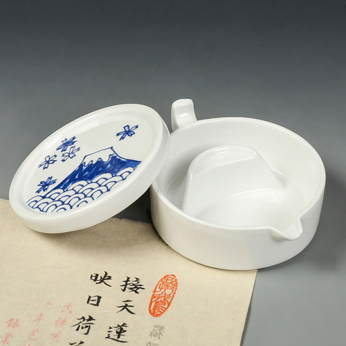 多功能砚台带盖 青花陶瓷简约墨海 学生实用文房四宝墨池带盖