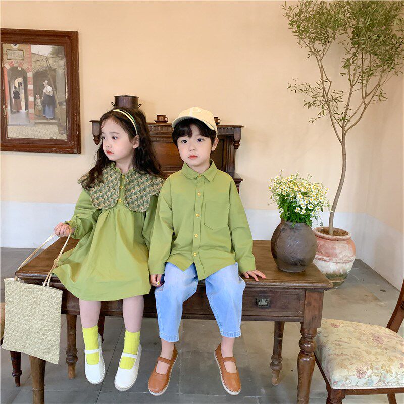 女童娃娃领连衣裙春秋宝宝长袖公主裙儿童衬衫宝宝姐弟装洋气兄妹