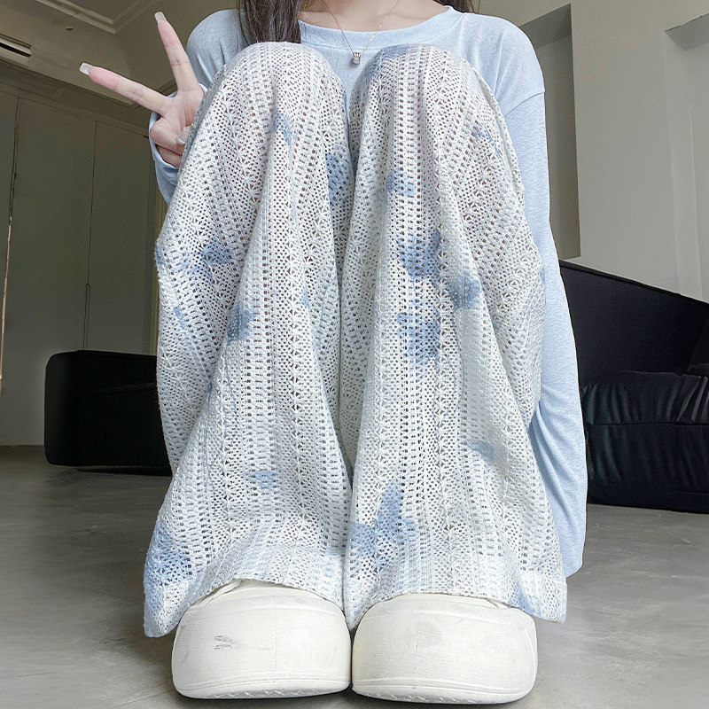 裤子女款夏季蝴蝶镂空阔腿裤2025新款直筒宽松薄款透气防晒休闲裤