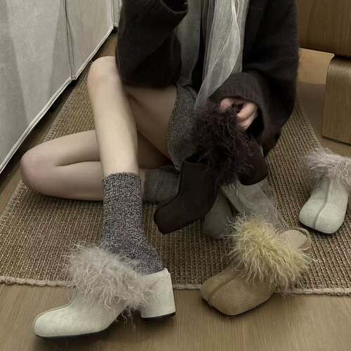 H55女鞋秋冬新款高级感小众苹果头粗跟加绒贵气感车缝线高跟半拖