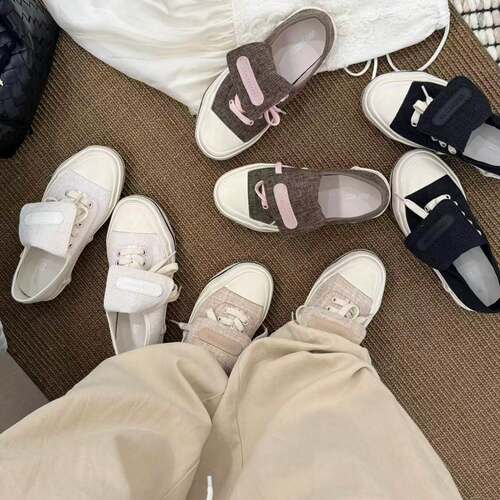 H55女鞋夏季新款亚麻拼接增高透气日常系带平底潮流复古休闲板鞋