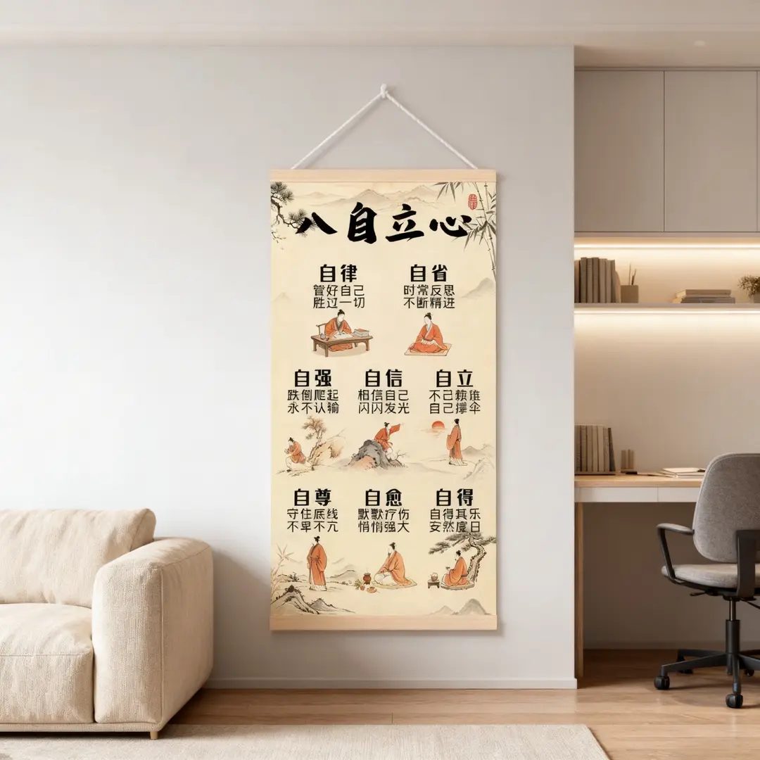 八自立心中式挂画客厅玄关背景墙装饰挂图书房办公室书法卷轴字画