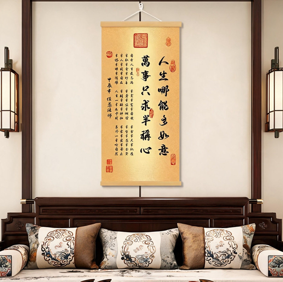 人生哪能多如意挂画客厅玄关背景墙装饰挂图书房实木卷轴书法字画