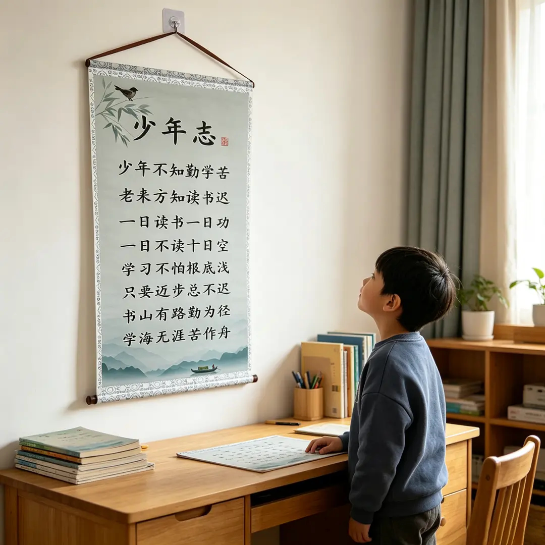 少年志中式卷轴挂画少年不知勤学苦书法励志装饰画书房办公室客厅