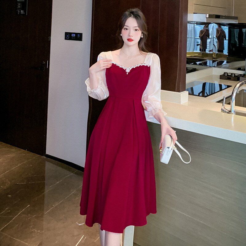 温柔风敬酒服小个子新娘订婚连衣裙平时可穿红色礼服女夏季回门