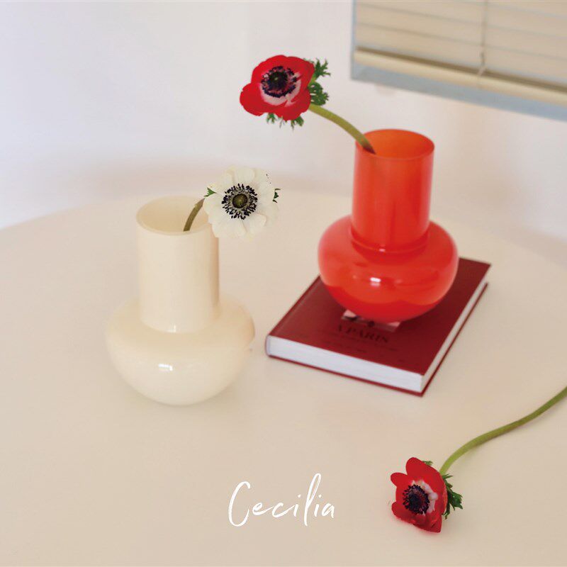 Cecilia 中古桃心红奶油白玻璃花瓶简约居家民宿客厅水养插花器皿