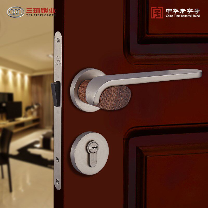 三环静音磁吸分体门锁室内卧室木纹执手实木房门精铸套装锁具DF55