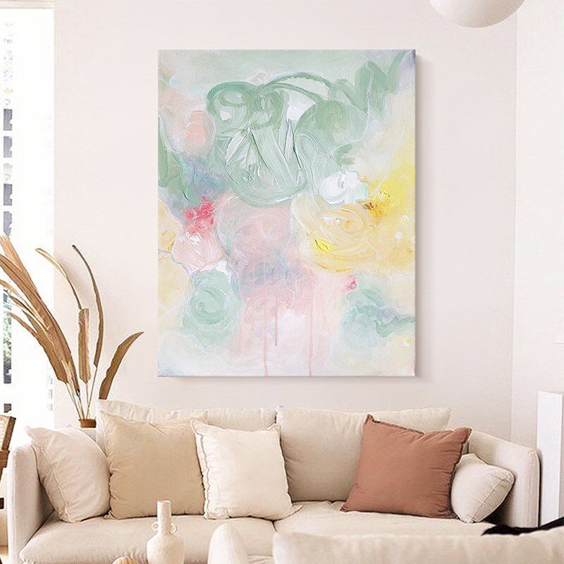颐画手绘油画《花语春来》奶油风装饰画客厅挂画玄关竖版纯手工画