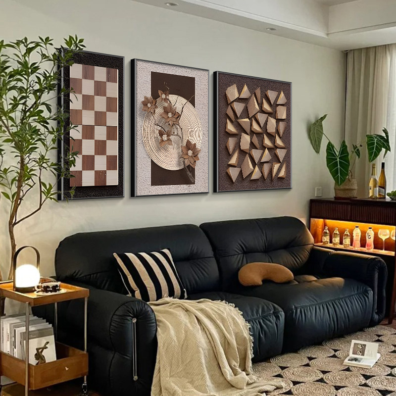 中古风法式侘寂风客厅装饰画几何抽象沙发背景墙壁三联复古风挂画