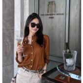 新款 女夏季 宽松显瘦设计感小众上衣 衬衫 纯欲风气质翻领单排扣长袖