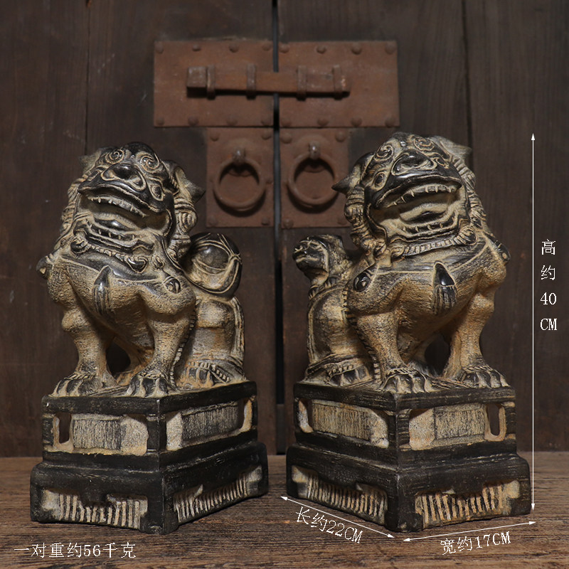 仿古石雕青石复古雌雄狮子一对中式案头茶席装饰摆件文玩收藏包邮