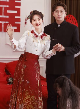 新中式国风红色织金马面裙套装2024新款新娘云肩衬衫敬酒服小个子