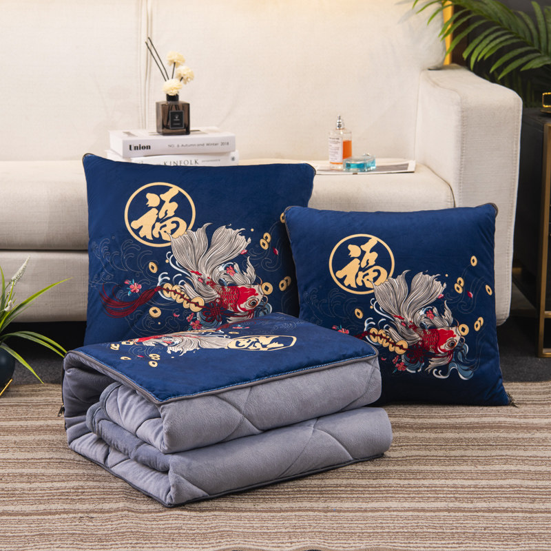 两用水晶绒抱枕被国潮中式风靠垫背二合一汽车办公室加厚空调毛毯