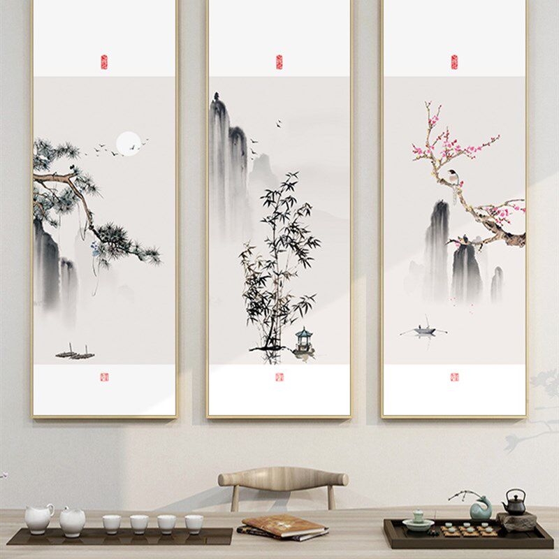 网红茶室三联长条装饰画新中式松竹梅壁画竖版客厅办公室风景山水