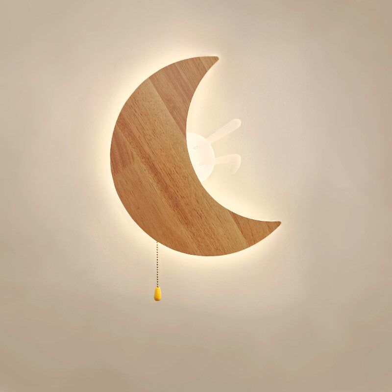 北欧壁灯简约卧室床头灯书房过道玄关装饰卡通日式实木带拉线开关